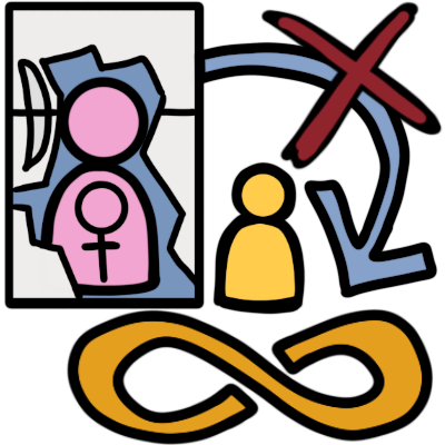 a pink figure with a venus symbol on it is inside a refrigerator. outside the refrigerator is a small yellow figure. a crossed-out arrow points from the refrigerator to a golden autism infinity symbol.